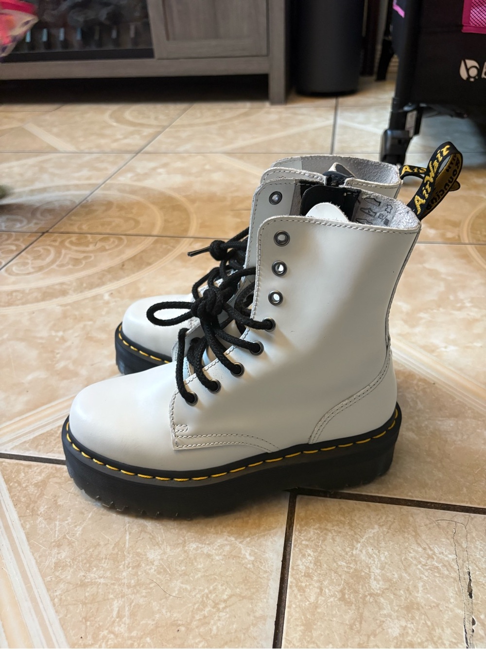 Dr. Martens White Lace-Up Platform Combat Boots with Black Laces